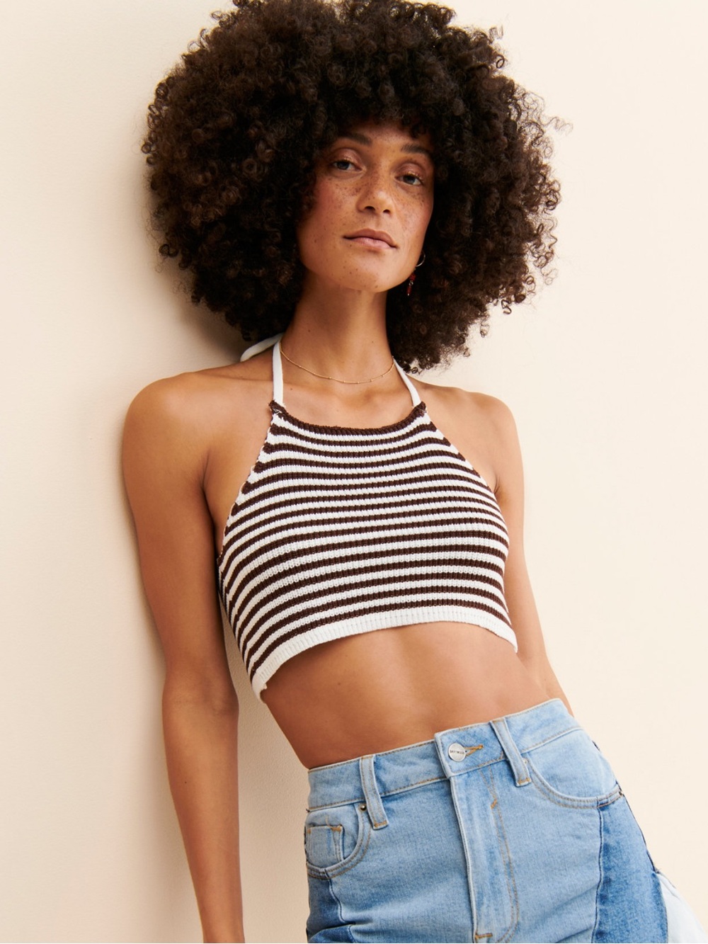Free people Love+ Harmony Striped Knit Halter Crop Top - Brown & White NWT